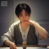 内容编辑陈若的办公桌前工作照，笔记本电脑屏幕反光，认真核查资料的正面角度